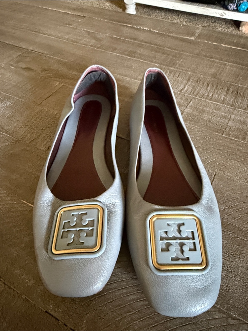 Tory Burch Light Gray Leather Logo Ballet Flats with Gold-Trim Medallions